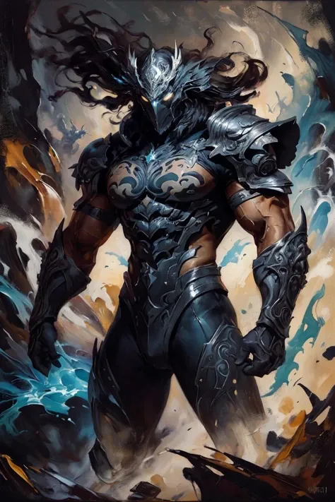 otherworldly astral dark king, scifi, Greg Tocchini, black and ivory hue, muscular, intricate armor, best quality, masterpiece, intricate details, dynamic pose, dynamic angle, (surreal), (illustration), ((oil painting \(medium\):1.2))