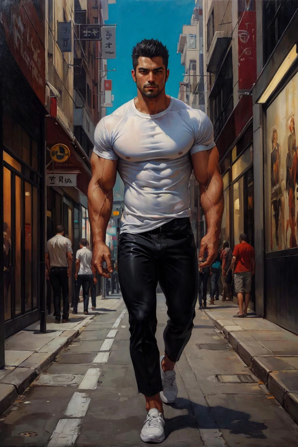 A man in tight white shirt and black pants walking down a city street, muscular, best quality, masterpiece, intricate details, (surreal), (illustration), ((oil painting \(medium\)))