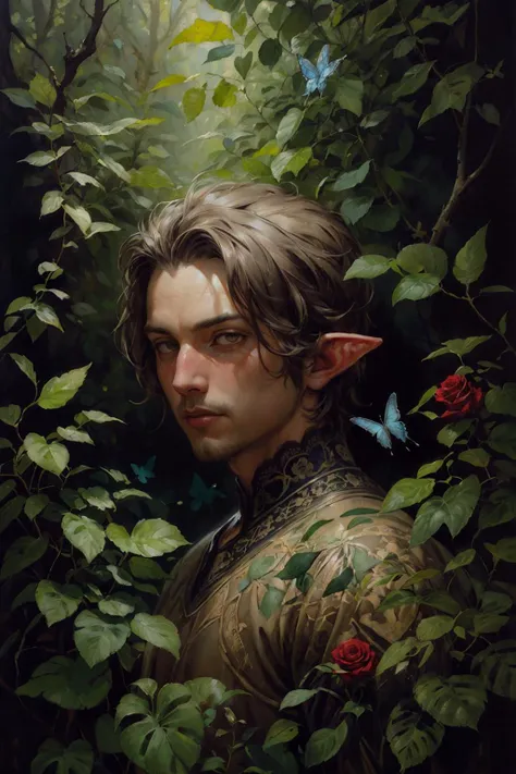 portrait of a man with large elven eyes, vintage, lace, roses, leaves, butterflies, flora and fauna, watercolor \(medium\), renaissance, medieval, ethereal, muscular, masterpiece, intricate details, (surreal), (oil painting \(medium\)), fantasy art, concept art, by greg rutkowski, by jeremy mann