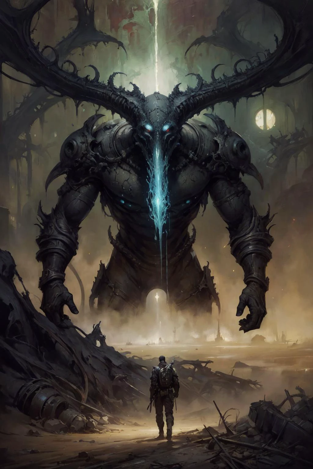 illustration of a male eldritch god in another planet, eldritch horror, wasteland, masterpiece, intricate details, (surreal), (oil painting \(medium\)), fantasy art, concept art, by greg rutkowski, by jeremy mann