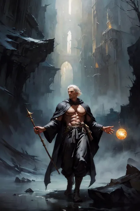 a menacing male human wizard dressed in black robes holding (an orb and a staff), white hair, an ethereal gate in the background, robes flapping in the wind, medieval fantasy, trending on artstation, intricate details, (surreal), (oil painting \(medium\)), fantasy art, concept art, by greg rutkowski, by jeremy mann