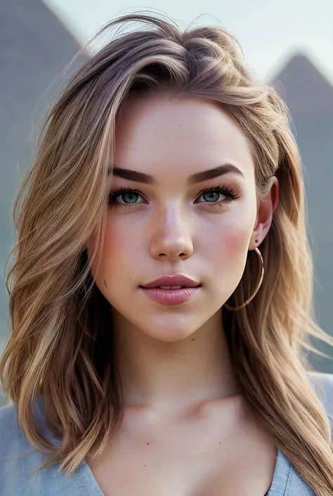 photo of beautiful (EPS4d13Fr33m4n:0.99), a woman with perfect hair, hair upsweep updo, wearing (blue Linen Tunic :1.1), (plain blue Pyramids of Giza - Egypt :1.1), modelshoot style, (extremely detailed CG unity 8k wallpaper), professional majestic photography, (smile), ((upper body)), (camera), 24mm, exposure blend, hdr, faded, extremely intricate, High (Detail:1.1), Sharp focus, dramatic, soft cinematic light, (upper body), (looking at viewer), (detailed pupils), 4k textures, soft cinematic light, adobe lightroom, photolab, elegant, ((((cinematic look)))), soothing tones, insane details, hyperdetailed, low contrast, ( Emo :1.2 )