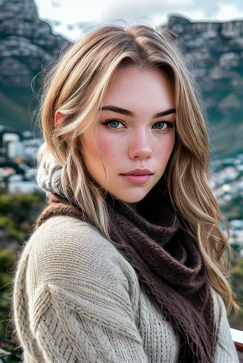 beautiful woman (EPS4d13Fr33m4n:.99), Textured messy bun, relaxed and effortless, , jewellery, ((portrait)), (closeup:1.2), ((from the waist up)), ((( Table Mountain - Cape Town, South Africa :1.2 ))), natural skin texture, (( Alpaca Pullover and Western Bandana :1.2)), 24mm, 4k textures, soft cinematic light, adobe lightroom, photolab, hdr, intricate, elegant, highly detailed, sharp focus, ((((cinematic look)))), soothing tones, insane details, intricate details, hyperdetailed, low contrast, soft cinematic light, exposure blend, hdr, Depth of field, ("I've got a bad feeling about this.":1.1)