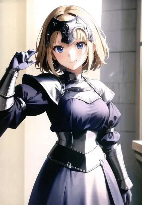 (Photo:1.3), highdetail, <lora:jeanne_darc:0.8>, jeanne d'arc, smile, breastplate, pelvic curtain, headpiece,, (masterpiece, best quality, absurdres, detailed, ultra-detailed:1.3)