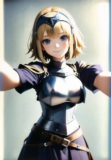 (selfie:1.3), photorealistic, <lora:jeanne_darc:0.8>, jeanne d'arc, smile, breastplate, pelvic curtain, headpiece,, (masterpiece, best quality, absurdres, detailed, ultra-detailed:1.3)