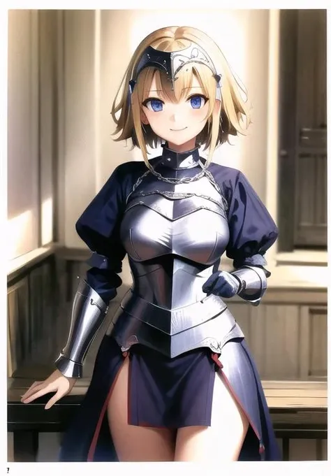 <lora:jeanne_darc:0.8>, jeanne d'arc, smile, breastplate, pelvic curtain, headpiece,, (masterpiece, best quality, absurdres, detailed, ultra-detailed:1.3)