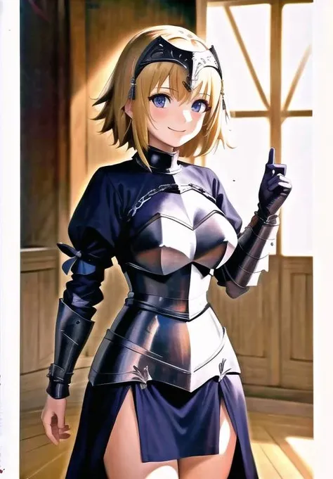 <lora:jeanne_darc:0.8>, jeanne d'arc, smile, breastplate, pelvic curtain, headpiece,, (masterpiece, best quality, absurdres, detailed, ultra-detailed:1.3)
