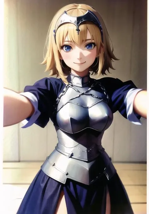 (selfie:1.3), photorealistic, <lora:jeanne_darc:0.8>, jeanne d'arc, smile, breastplate, pelvic curtain, headpiece,, (masterpiece, best quality, absurdres, detailed, ultra-detailed:1.3)