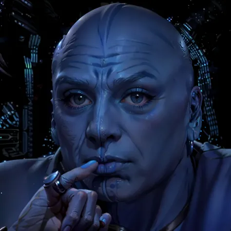 (blue skin), (blue hands), DR EVIL as a <lora:race_st_bolian:0.69> bolian, bald, face scar, stripes, (grey eyes), platinum pinky ring, pinky on mouth, alien, stars Space background, dark grey shirt