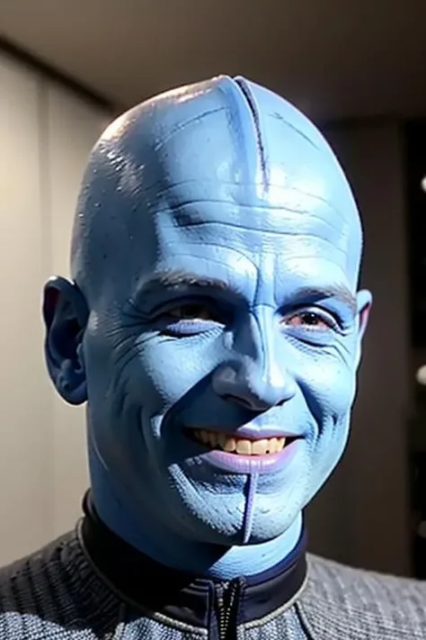 headshot of a bolian man, blue skin, bald, jacket, smiling, sci-fi starship background, <lora:st_bolian_v2:0.9>