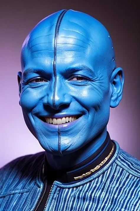 headshot of a bolian man, blue skin, bald, jacket, smiling, sci-fi starship background, <lora:st_bolian_v2:0.9>