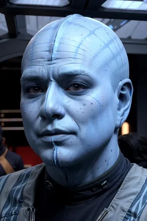 bolian man, blue skin, face scar, bald, stripes, facing the camera,   <lora:race_st_bolian:0.8>