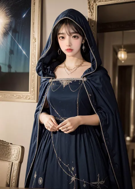 masterpiece,best quality,1girl,solo,looking at viewer,bright light<lora:add_detail:0.7>,jewelry,earrings,necklace,dining room,upper body,
<lora:Dream dress:0.8>Dream dress,black footwear,blue dress,cloak,starry sky print,