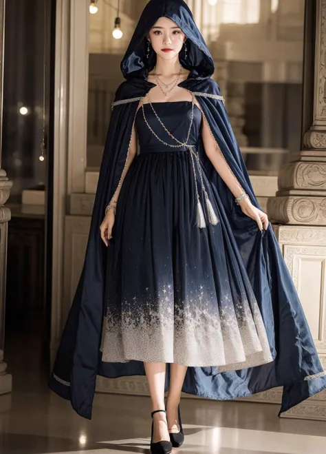 masterpiece,best quality,1girl,solo,looking at viewer,bright light<lora:add_detail:0.7>,jewelry,earrings,necklace,dining room,upper body,
<lora:Dream dress:0.8>Dream dress,black footwear,blue dress,cloak,starry sky print,