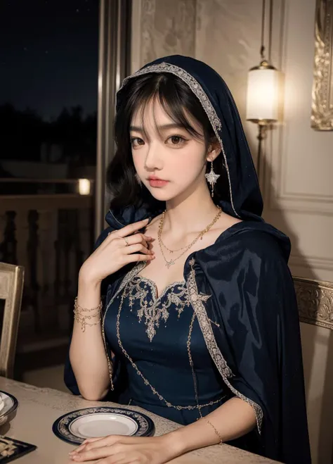 masterpiece,best quality,1girl,solo,looking at viewer,bright light<lora:add_detail:0.7>,jewelry,earrings,necklace,dining room,upper body,
<lora:Dream dress:0.8>Dream dress,black footwear,blue dress,cloak,starry sky print,