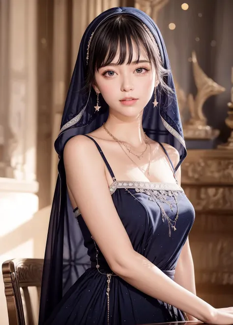 masterpiece,best quality,1girl,solo,looking at viewer,bright light<lora:add_detail:0.7>,jewelry,earrings,necklace,dining room,upper body,
<lora:Dream dress:0.9>Dream dress,black footwear,blue dress,starry sky print,