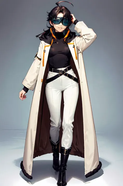 <lora:hfashionv3:1> hfashion, hfashion outfit,, ultra detailed, masterpiece, best quality, solo, soft smile, light smile, 1girl, aqua eyes, black hair, <lora:low_ponytail-1.0:0.95> low ponytail, ahoge, absurdly long hair, very long hair, (hair flaps:1.2), flipped hair, hair between eyes, bangs, messy hair, small breasts, (goggles on head:1.2), hooded coat, open coat, turtleneck, capri pants, black knee boots, multiple straps, white coat, layered clothes, hair ribbon,