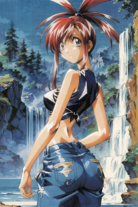 casca \(berserk\), 1girl, solo, long hair, cleavage, jewelry, medium breasts, blue hair, yellow eyes, boots, outdoors, shorts, night, belt, pants, bracelet, spiked hair, retro artstyle, 1990s \(style\)