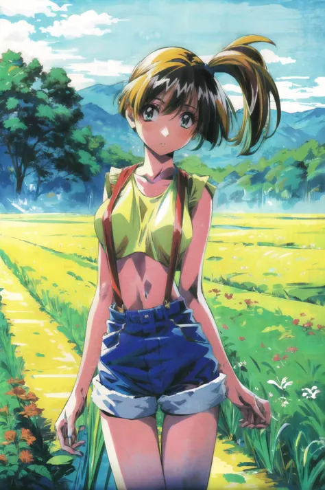 masterpiece, best quality, 1girl, looking at viewer, ultra detailed, <lora:add_detail:0.5>, open field, vast expanse, wildflowers, tranquil, <lora:yamashita_toshinari_FW:1> , <lora:Misty_Pokemon:0.7> ,Misty_Pokemon, yellow crop top, suspenders, side ponytail