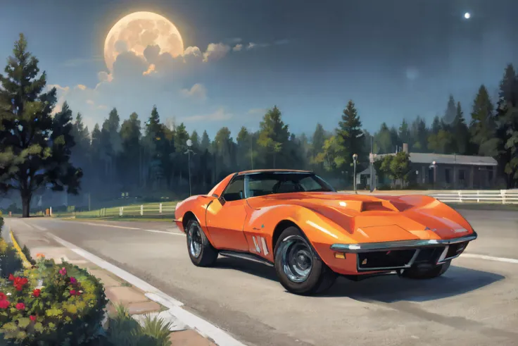 (masterpiece, best quality, ultra detailed, beautiful illustration), atmospheric perspective, depth of field, (outdoors, road, night, giant moon), <lora:69_Corvette_Stingray:1>, cadmium orange corvette, racing decals,