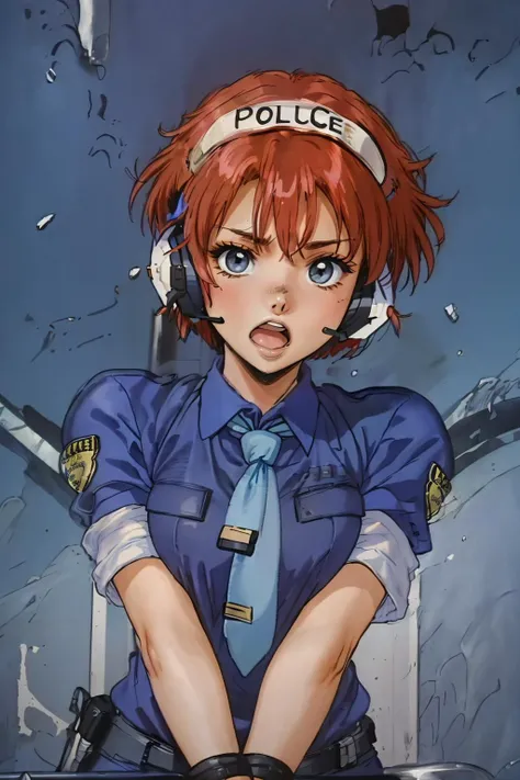 leonaozaki, 1girl, red hair, short hair,, solo, short hair, police uniform,blue blouse, necktie, armoured, police headset, mouth open, shout, upper body,
<lora:Leona_Dominion_Tank_Police:0.9> <lora:Shiro Masamuneloha:0.5> shiro masamune