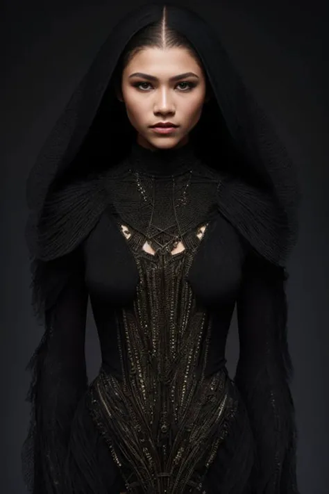 zendaya, <lora:rmadart3NoiseoffsetSD1_v10:3>, Biomechanical hacker - shaman of the sisterhood of cables wearing cable - dress made of cables with biomechanical filigree, super haute couture highly detailed eye, highly detailed lips, highly detailed skin, bokeh, lenseflare, by Emil Melmoth, Marcin Nagraba, Rebecca Millen, shot with Hasselblad X1D - 50c