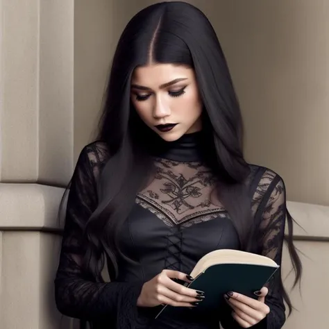 sfw, photo, despondent goth zendaya, reading a book, (wearing goth clothes), realistic facial expressions, playboy centerfold, airbrushed, highly detailed, high quality, masterpiece, 4k,