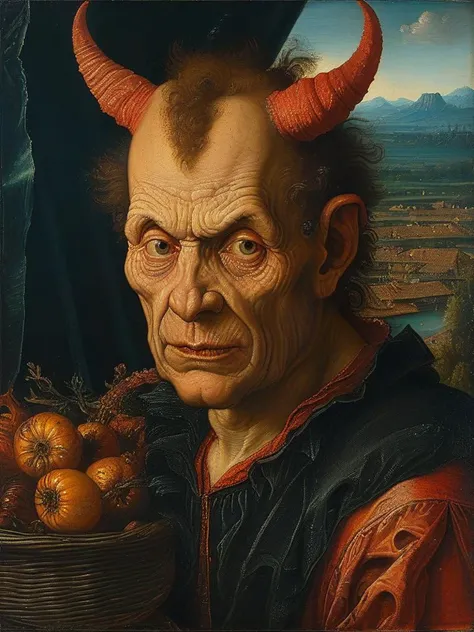 masterpiece,best quality,oil painting,fire,<lora:tbh107-sdxl-dim64:0.85>,style of Albrecht Altdorfer,portrait of a demon,(((demon))),