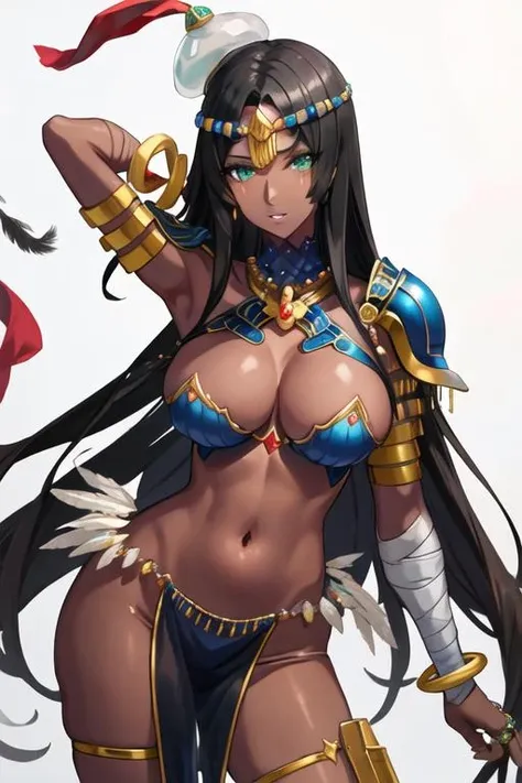 best quality, masterpiece, highres, solo, {scheherazade_fgo:1.15}, long_hair, black_hair, dark-skinned_female, dark_skin, green_eyes, circlet, breasts, forehead_jewel, jewelry, large_breasts, hat, 1girl, arm_behind_head, arm_wrap, armlet, armor, bandaged_arm, bandages, bangs, blue_armor, cleavage, covered_navel, facial_mark, looking_at_viewer, parted_bangs, parted_lips, pauldrons, shoulder_armor, breastplate, feathers, pelvic_curtain, ring, thighs, very_long_hair, arm_up, bracelet, bridal_gauntlets, simple_background, thumb_ring, white_background, skindentation