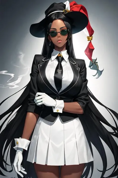 best quality, masterpiece, highres, solo, {black business suit:1.40}, {tie:1.20}, {sunglasses:1.25}, {white gloves:1.15}, {white shirt:1.10}, {black skirt:1.15}, {smoking:1.20}, handsome, {scheherazade_fgo:1.15}, long_hair, black_hair, dark-skinned_female, dark_skin, green_eyes, circlet, , forehead_jewel, jewelry, large_breasts, hat
