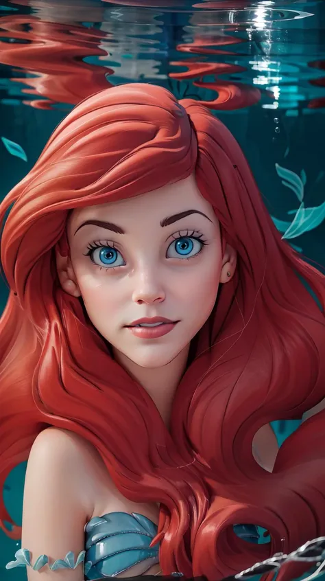 blue eyes, masterpiece, <lora:Ariel_character:1>, ariel, red hair, portrait, detailed face, underwater