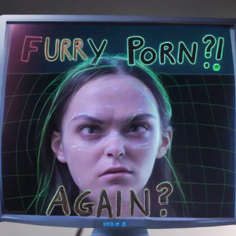 ASCIIon a futuristic computer monitor, (frowning, disgusted:1.4), (disapproving, disdain, disappointed, sulky, upset:1.2), the holographic face of an (Artificial Intelligence assistant:1.1), looking at viewer, with holographic neon text