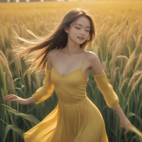 highres,best quality,natural, Lemongrass girl dances amidst a field of golden sunshine, her slender figure swaying gracefully to the rhythm of a gentle breeze.