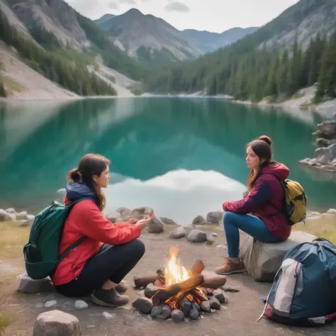 photo of two friends sitting around a campfire, one looking disappointed and the other making an apologetic gesture. The disappointed friend's camping gear is neatly packed up, and the campsite is surrounded by serene natural scenery with a tranquil lake and mountains in the background.