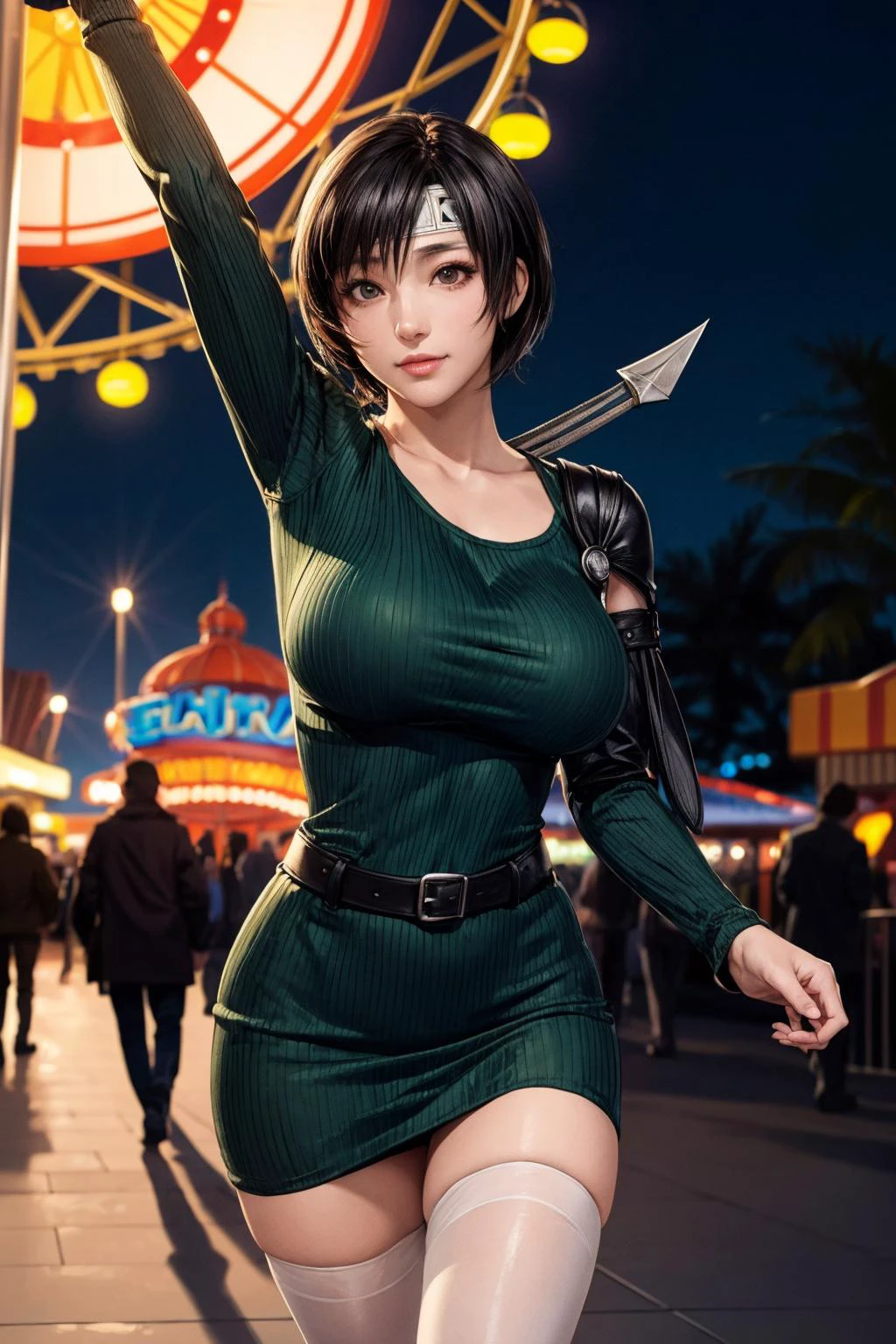 (ultra realistic,32k, masterpiece:1.2),(high detailed skin:1.1),( high quality:1.1),
<lora:yuffie kisaragi v2-lora-nochekaiser:0.8>yuffie kisaragi,(smile:0.75),forehead protector, headband, (black hair:1.5), brown eyes, short hair, pixie cut, (green Solid Scoop Neck Bodycon Dress,long sleeves:1.1), <lora:shiny pantyhose:0.2>opaque pantyhose,,fighting stance pose, (huge breast, large breast:1.1),<lora:add_detail:0.91>,
(soft shaded neon light:1.1), amusement park, theme park, NIGHT, FERRIS WHEEL , blurry background,