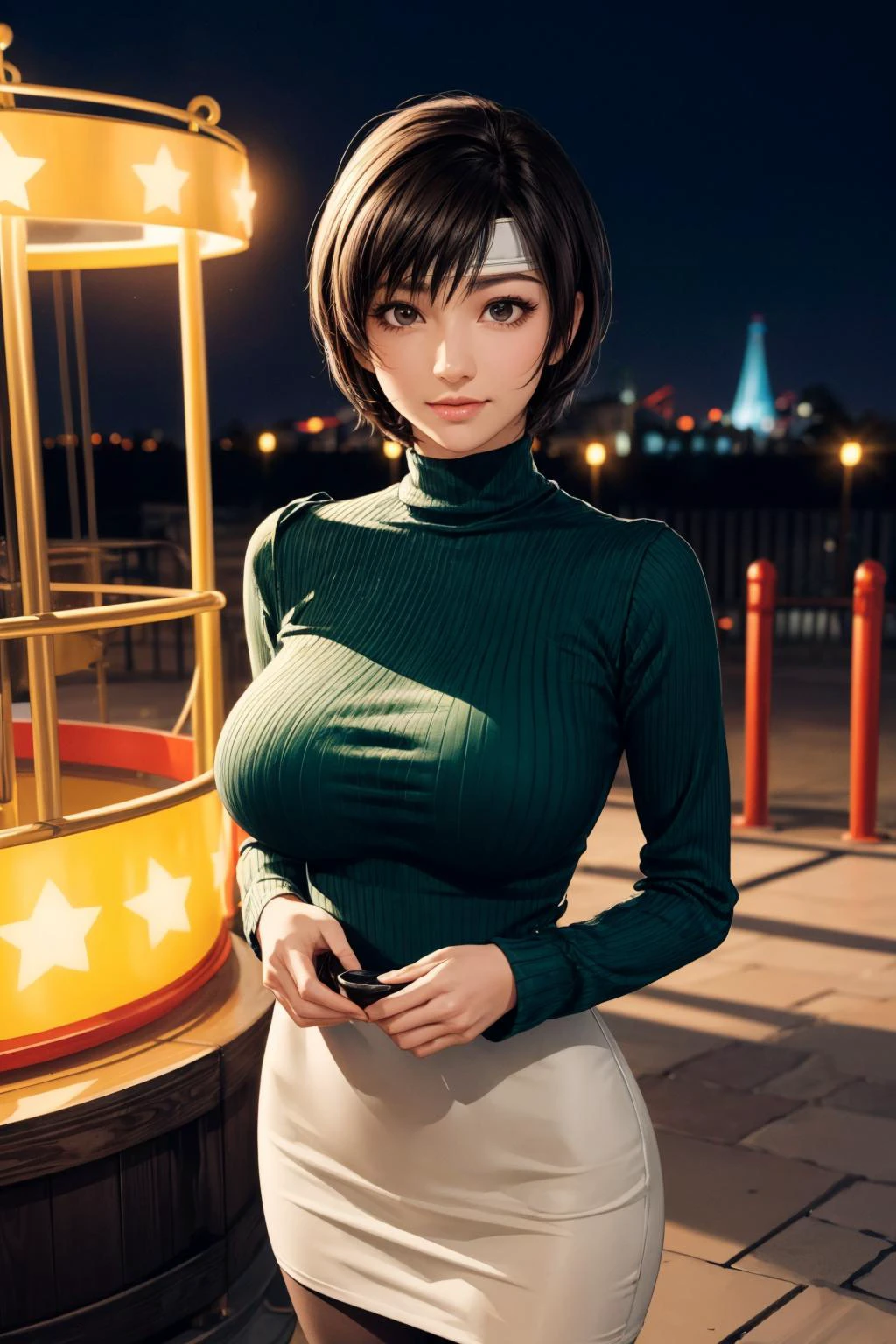(ultra realistic,32k, masterpiece:1.2),(high detailed skin:1.1),( high quality:1.1),
<lora:yuffie kisaragi v2-lora-nochekaiser:0.8>yuffie kisaragi,(smile:0.75),forehead protector, headband, (black hair:1.5), brown eyes, short hair, pixie cut, (green Solid Scoop Neck Bodycon Dress,long sleeves:1.1), <lora:shiny pantyhose:0.2>opaque pantyhose,,(looking at viewer, standing, from above:1.1),, (huge breast, large breast:1.1),<lora:add_detail:0.93>,
(golden hour:1.1), amusement park, theme park, NIGHT, FERRIS WHEEL , blurry background,