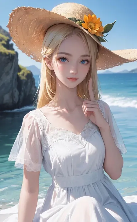 ((masterpiece, best quality)), (((masterpiece, best_quality, highest quality))), (perfect detail, perfect skin:1.2),(highres), original,extremely detailed 8K wallpaper,(an extremely delicate and beautiful),incredibly_absurdres, intricate detail, distinct_image,extremely intricate,(detailed skin:1.3) , best quality:1.2, High definition, intricate details, finely detailed, beautiful detailed, high detailed skin, ((glossy skin)), shiny skin, (white skin:1.3), (pale skin:1.3),(natural light, ray tracing, volumetric light), (top quality), (golden-ratio face, perfect proportioned face, perfectly beautiful:1.3), (reflected diffuse light to face:1.3), (peer proportional face), (peer proportional body, proportional awesome body:1.3), parted lips, ((presenting)), (perfect anatomy, correct limb, correct finger), ((looking at viewer, eye contact)),((eye contact)), 1girl, outdoors, solo, flower, blue eyes, long hair, looking at viewer, long dressï¼hat, ocean, dress, sitting, white flower, sky, bug, hat flower, day, bangs, butterfly, water, long sleeves, blue sky, rock, cloud, orange dress, blonde hair, horizon, orange headwear, hair ornament, closed mouth, smile, hair flower, short sleeves, looking to the side, bird, scenery, mountainous horizon, red headwear, white dress