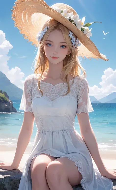 ((masterpiece, best quality)), (((masterpiece, best_quality, highest quality))), (perfect detail, perfect skin:1.2),(highres), original,extremely detailed 8K wallpaper,(an extremely delicate and beautiful),incredibly_absurdres, intricate detail, distinct_image,extremely intricate,(detailed skin:1.3) , best quality:1.2, High definition, intricate details, finely detailed, beautiful detailed, high detailed skin, ((glossy skin)), shiny skin, (white skin:1.3), (pale skin:1.3),(natural light, ray tracing, volumetric light), (top quality), (golden-ratio face, perfect proportioned face, perfectly beautiful:1.3), (reflected diffuse light to face:1.3), (peer proportional face), (peer proportional body, proportional awesome body:1.3), parted lips, ((presenting)), (perfect anatomy, correct limb, correct finger), ((looking at viewer, eye contact)),((eye contact)), 1girl, outdoors, solo, flower, blue eyes, long hair, looking at viewer, long dressï¼hat, ocean, dress, sitting, white flower, sky, bug, hat flower, day, bangs, butterfly, water, long sleeves, blue sky, rock, cloud, orange dress, blonde hair, horizon, orange headwear, hair ornament, closed mouth, smile, hair flower, short sleeves, looking to the side, bird, scenery, mountainous horizon, red headwear, white dress