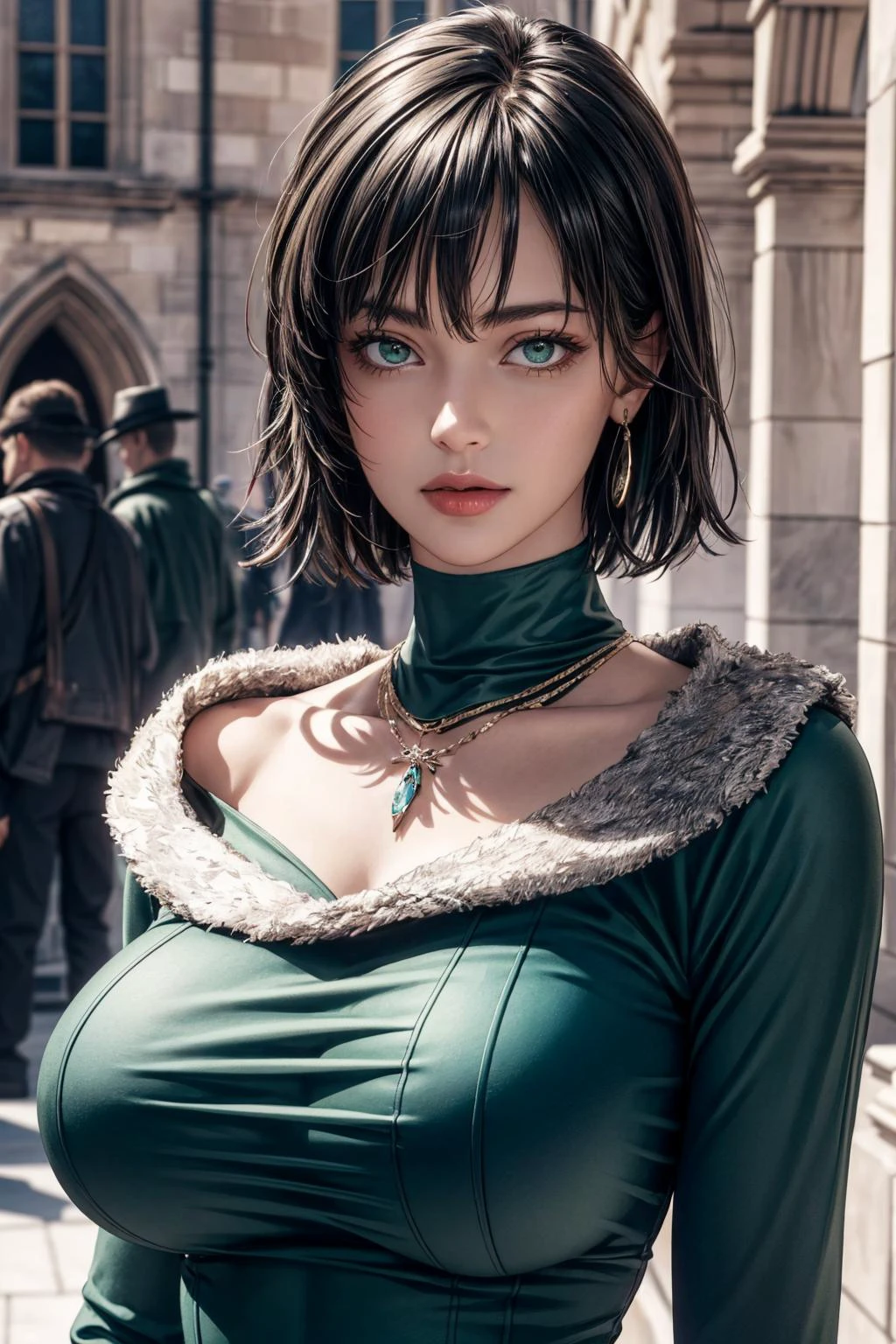(ultra realistic,32k, masterpiece:1.2),(high detailed skin:1.1),( high quality:1.1),
<lora:opm fubuki manga-lora-nochekaiser:0.8>fubuki, (greenish black hair:1.1), (green eyes:0.8), short hair,black dress, (bodycon:1.2) dress, green dress, fur coat, high collar, jewelry, necklace, off shoulder, taut clothes, taut dress,,(looking at viewer, portrait:1.1), , (huge breast, large breast:1.1),<lora:add_detail:0.89>,
(volumetric lighting:1.1), castle, imposing fortress, medieval architecture, historic, blurry background,