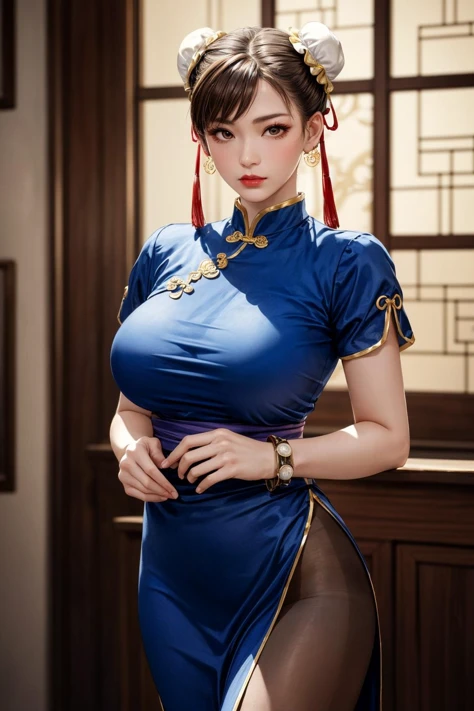 Figure, Mature woman, china dress, sexy pose, big breasts, big ass, bob haircut, smile, redhead
