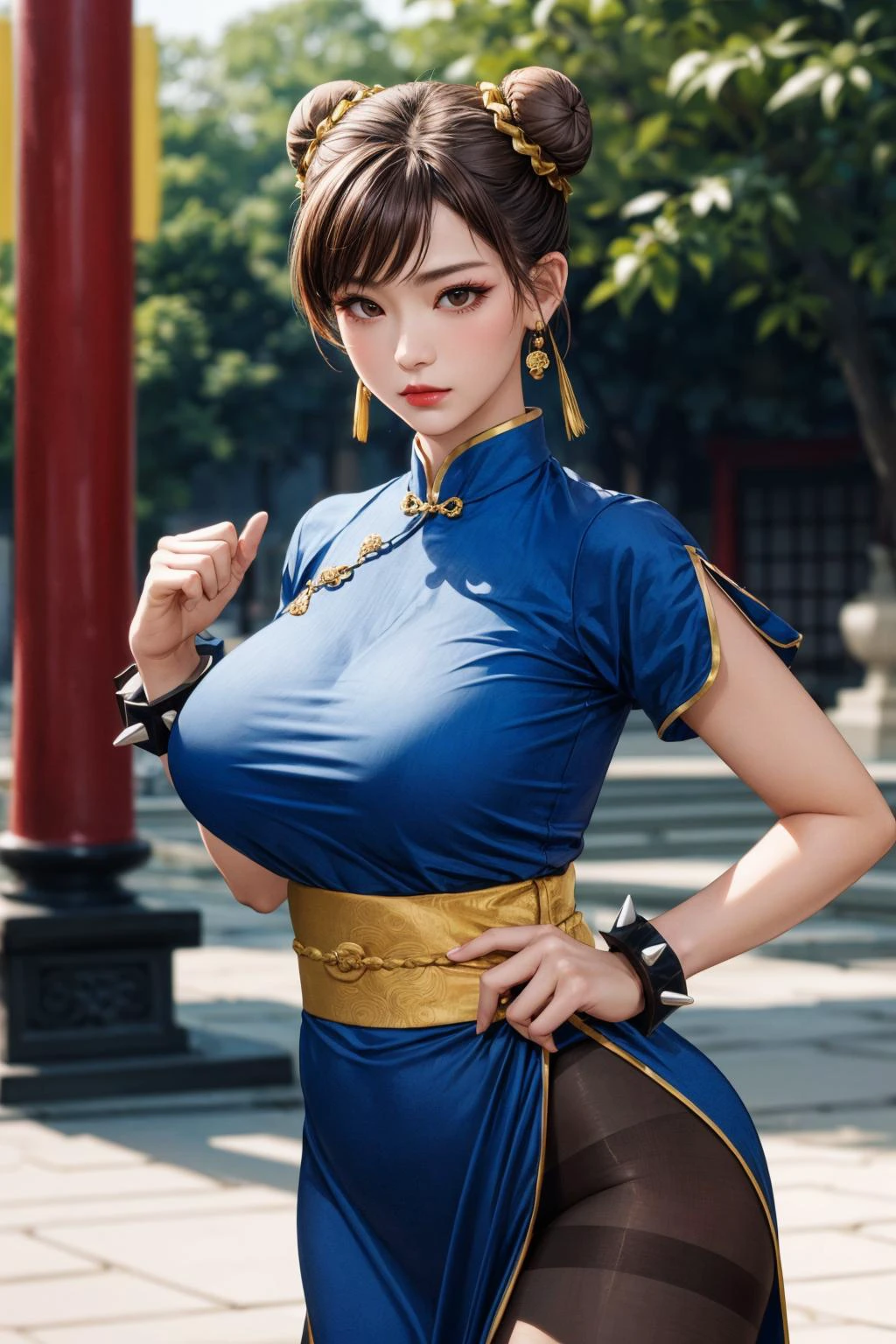 (ultra realistic,32k, masterpiece:1.2),(high detailed skin:1.1),( high quality:1.1),
<lora:chun li v2-lora-nochekaiser:0.8>chun li, brown eyes, brown hair, (bun cover:1.5), double bun, eyeliner, hair bun, lipstick, makeup, pink lips,blue dress, bracelet, brown pantyhose, china dress, chinese clothes, dress, gold trim, jewelry, pantyhose, pelvic curtain, puffy sleeves, sash, short sleeves, side slit, spiked bracelet, spikes,,fighting stance pose, huge breast, large breast,<lora:add_detail:0.85>,
(tenebrism:1.1), outside, japanese maple trees, shaolin temple,monastery , china themed, blurry background,