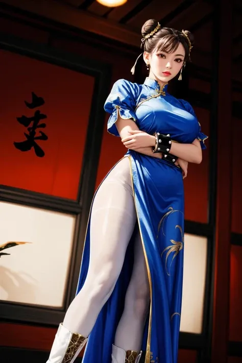 (ultra realistic,32k, masterpiece:1.2),(high detailed skin:1.1),( high quality:1.1),
<lora:chun li v2-lora-nochekaiser:0.8>chun li, brown eyes, brown hair, (bun cover:1.5), double bun, eyeliner, hair bun, lipstick, makeup, pink lips,blue dress, boots, bracelet, brown pantyhose, china dress, chinese clothes, cross-laced footwear, dress, gold trim, jewelry, pantyhose, pelvic curtain, puffy sleeves, sash, short sleeves, side slit, spiked bracelet, spikes, white footwear,,(looking at viewer, standing, from below:1.1),, huge breast, large breast,<lora:add_detail:0.9>,
(soft shaded neon light:1.1), shaolin temple, china themed, blurry background,