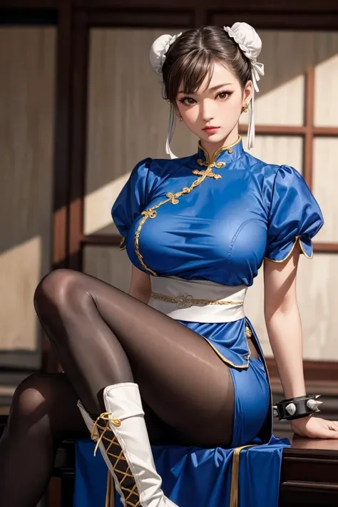 (ultra realistic,32k, masterpiece:1.2),(high detailed skin:1.1),( high quality:1.1),
<lora:chun li v2-lora-nochekaiser:0.8>chun li, brown eyes, brown hair, (bun cover:1.5), double bun, eyeliner, hair bun, lipstick, makeup, pink lips,blue dress, boots, bracelet, brown pantyhose, china dress, chinese clothes, cross-laced footwear, dress, gold trim, jewelry, pantyhose, pelvic curtain, puffy sleeves, sash, short sleeves, side slit, spiked bracelet, spikes, white footwear,,(looking at viewer, sitting, from below:1.1),, huge breast, large breast,<lora:add_detail:0.85>,
(beautifully lit:1.1),  shaolin temple, china themed, blurry background,