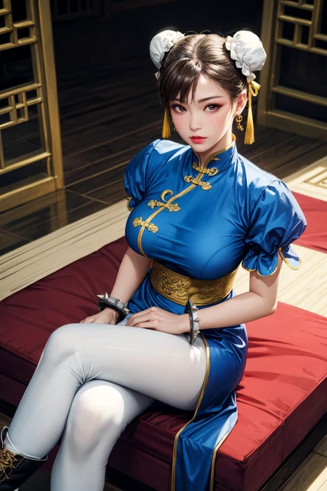 (ultra realistic,32k, masterpiece:1.2),(high detailed skin:1.1),( high quality:1.1),
<lora:chun li v2-lora-nochekaiser:0.8>chun li, brown eyes, brown hair, (bun cover:1.5), double bun, eyeliner, hair bun, lipstick, makeup, pink lips,blue dress, boots, bracelet, brown pantyhose, china dress, chinese clothes, cross-laced footwear, dress, gold trim, jewelry, pantyhose, pelvic curtain, puffy sleeves, sash, short sleeves, side slit, spiked bracelet, spikes, white footwear,,(looking at viewer, sitting, crossed legs, from above:1.1),, huge breast, large breast,<lora:add_detail:0.91>,
(neon light:1.1), shaolin temple,monastery , china themed, blurry background,