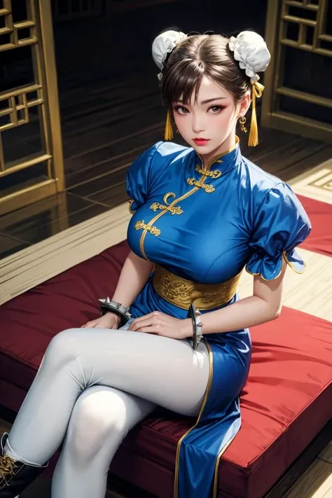 (ultra realistic,32k, masterpiece:1.2),(high detailed skin:1.1),( high quality:1.1),
<lora:chun li v2-lora-nochekaiser:0.8>chun li, brown eyes, brown hair, (bun cover:1.5), double bun, eyeliner, hair bun, lipstick, makeup, pink lips,blue dress, boots, bracelet, brown pantyhose, china dress, chinese clothes, cross-laced footwear, dress, gold trim, jewelry, pantyhose, pelvic curtain, puffy sleeves, sash, short sleeves, side slit, spiked bracelet, spikes, white footwear,,(looking at viewer, sitting, crossed legs, from above:1.1),, huge breast, large breast,<lora:add_detail:0.91>,
(neon light:1.1),  shaolin temple,monastery ,  china themed, blurry background,