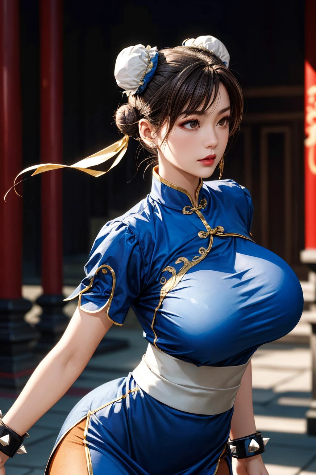 (ultra realistic,32k, masterpiece:1.2),(high detailed skin:1.1),( high quality:1.1),
<lora:chun li v2-lora-nochekaiser:0.8>chun li, brown eyes, brown hair, (bun cover:1.5), double bun, eyeliner, hair bun, lipstick, makeup, pink lips,blue dress, bracelet, brown pantyhose, china dress, chinese clothes, dress, gold trim, jewelry, pantyhose, pelvic curtain, puffy sleeves, sash, short sleeves, side slit, spiked bracelet, spikes,,fighting stance, huge breast, large breast,<lora:add_detail:0.97>,
(dynamic lighting:1.1), shaolin temple,monastery , china themed, blurry background,