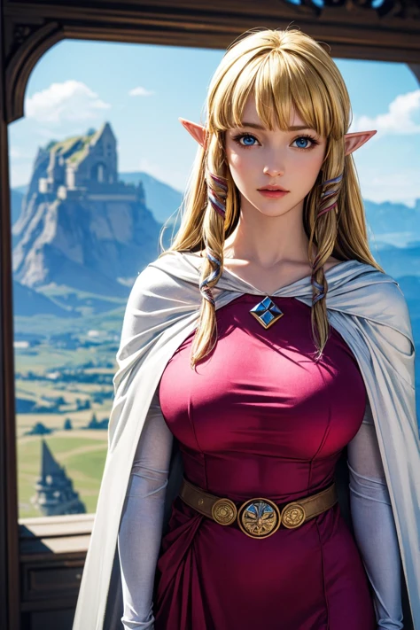 (ultra realistic,32k, masterpiece:1.2),(high detailed skin:1.1),( high quality:1.1),
<lora:zelda skyward sword-lora-nochekaiser:0.8>zelda skyward sword, blonde hair, (blue eyes:0.9), long hair, pointy ears, sidelocks, elf, bangs, blunt bangs, ribbons, hair ribbons,belt, cape, dress, long sleeves, (pink dress:1.2), (white cape:1.2),,(looking at viewer, Bend forward:1.1),, (huge breast, large breast:1.1),<lora:add_detail:0.83>,
(lighting:1.1), outside , dragonspire summit, lofty heights, dragon roosts, majestic vantage point,castle, blurry background,