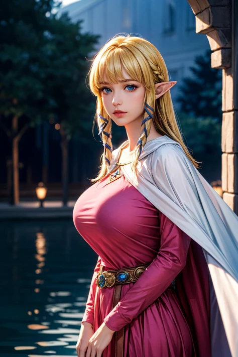 (ultra realistic,32k, masterpiece:1.2),(high detailed skin:1.1),( high quality:1.1),
<lora:zelda skyward sword-lora-nochekaiser:0.8>zelda skyward sword, blonde hair, blue eyes, long hair, pointy ears, sidelocks, elf, bangs, blunt bangs, ribbons, hair ribbons,belt, cape, dress, long sleeves, (pink dress:1.2), (white cape:1.2),,(looking at viewer, Bend forward:1.1),, (huge breast, large breast:1.2),<lora:add_detail:0.87>,
(ambient lighting:1.1), outside , twilight haven, twilight skies, tranquil waters, realm of mythical creatures, blurry background,