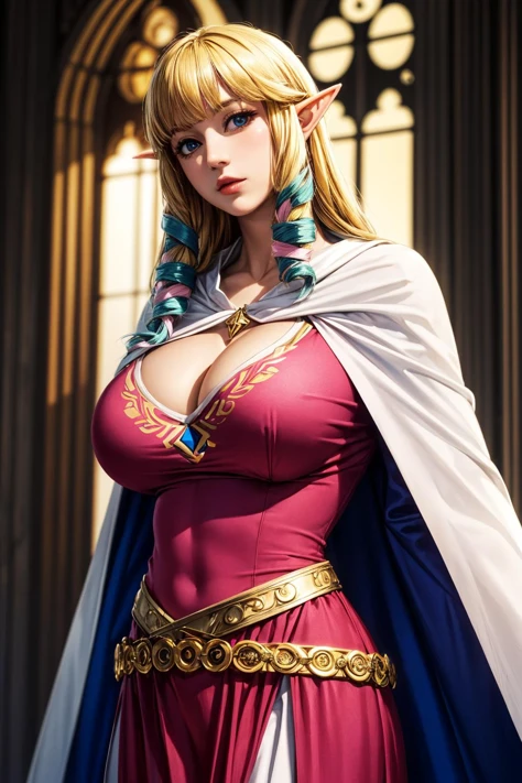 (ultra realistic,32k, masterpiece:1.2),(high detailed skin:1.1),( high quality:1.1),
<lora:zelda skyward sword-lora-nochekaiser:0.8>zelda skyward sword, blonde hair, (blue eyes:0.9), long hair, pointy ears, sidelocks, elf, bangs, blunt bangs, ribbons, hair ribbons,belt, cape, dress, long sleeves, (pink dress:1.2), (white cape:1.2),,(looking at viewer, standing, from below:1.1),, (huge breast, large breast:1.1),<lora:add_detail:0.81>,
(golden hour:1.1), outside , dreamer's refuge, ethereal landscapes, peaceful slumber, respite from reality,castle, blurry background,