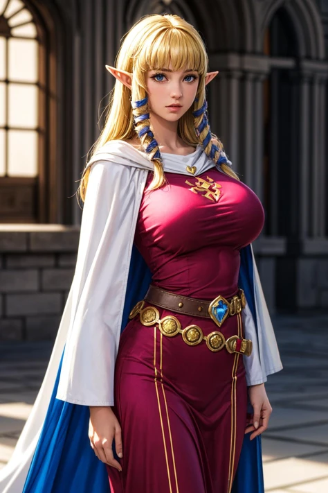 (ultra realistic,32k, masterpiece:1.2),(high detailed skin:1.1),( high quality:1.1),
<lora:zelda skyward sword-lora-nochekaiser:0.8>zelda skyward sword, blonde hair, (blue eyes:0.9), long hair, pointy ears, sidelocks, elf, bangs, blunt bangs, ribbons, hair ribbons,belt, cape, dress, long sleeves, (pink dress:1.2), (white cape:1.2),,(looking at viewer, Bend forward:1.1),, (huge breast, large breast:1.1),<lora:add_detail:0.76>,
(tenebrism:1.1), outside , emberheart citadel, heart of fire, molten core, stronghold of flame-wielders,castle, blurry background,
